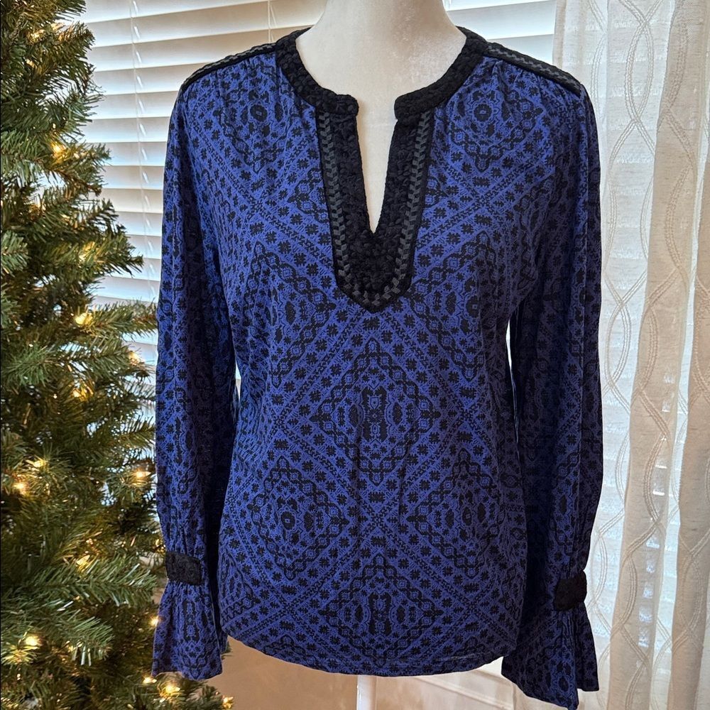 Lucky Brand Blue Black Boho Embroidered Peasant Top Long Sleeve Size L